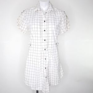 Tylho Short Sleeve Grid Print Mini Shirt Dress Off White Black sz M